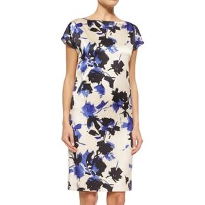 St John Silk Ivory, Black & Blue Floral Short Sleeve Sheath Dress- Plus Size